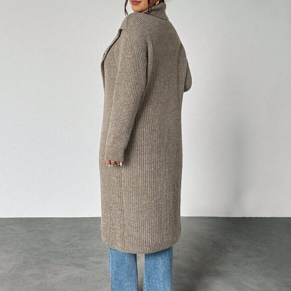 Khaki Asymmetrical Women's Plus Size Mid-Length Sweater - Picture 2 of 6